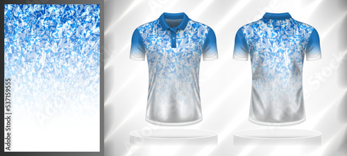 Vector sport pattern design template for Polo T-shirt front and back view mockup. Blue-white color gradient abstract texture background illustration.
