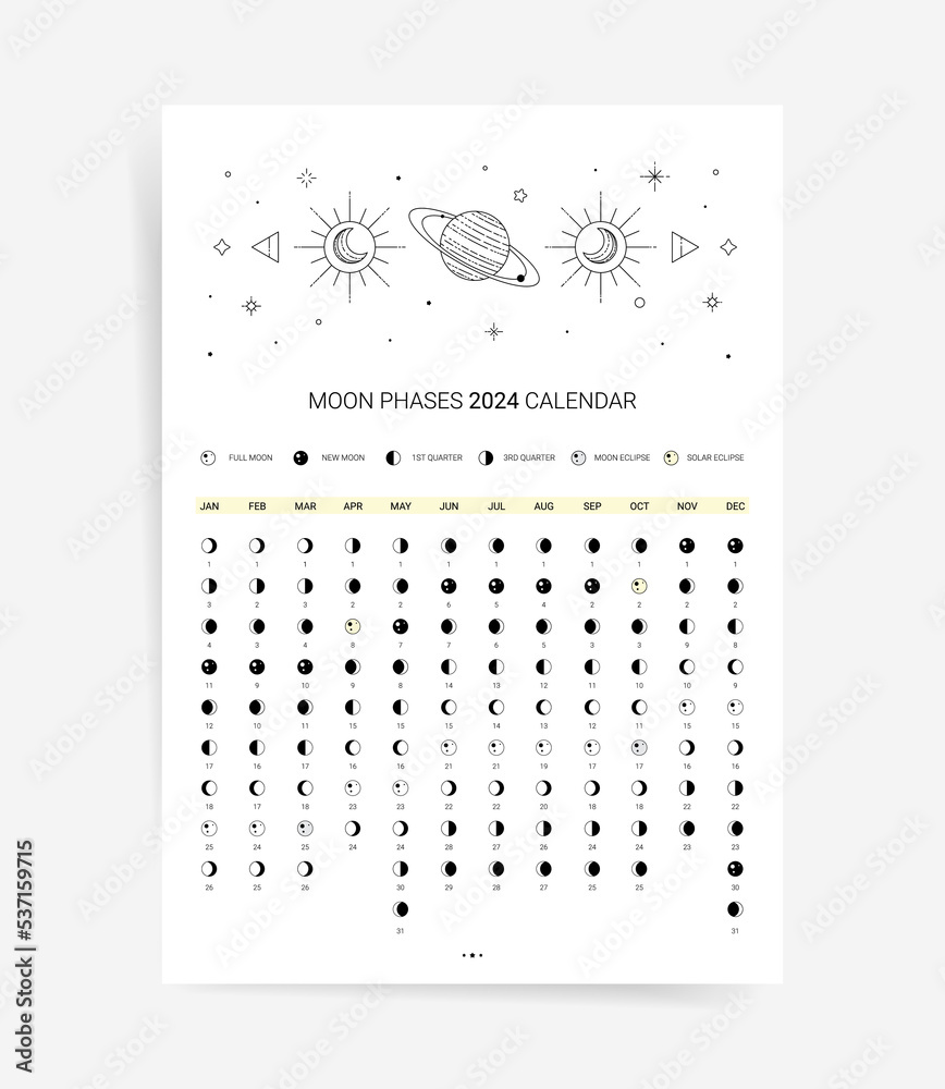One page 2024 moon calendar planner. Modern Minimal lunar agenda
