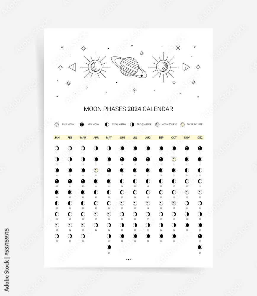 One Page 2024 Moon Calendar Planner Modern Minimal Lunar Agenda
