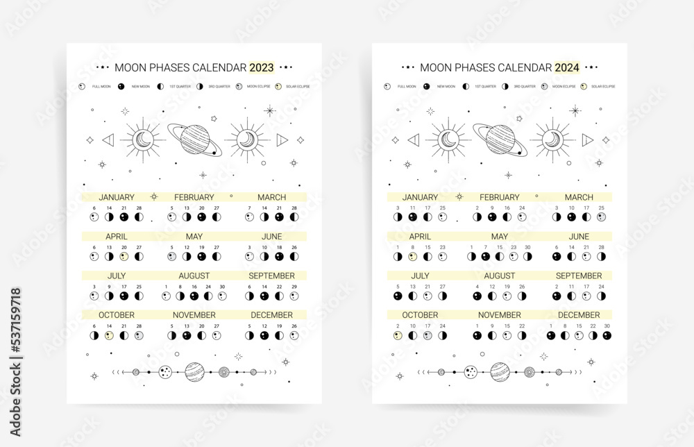 Set of moon calendar for 2023 and 2024 years. Lunar calendar planner agenda templates. Black and white colors and minimal celestial aesthetic design moon calendars. - obrazy, fototapety, plakaty 
