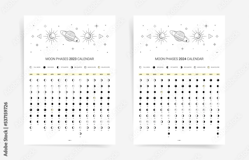 Moon calendars planners for 2023 2024 years. Lunar agenda planners