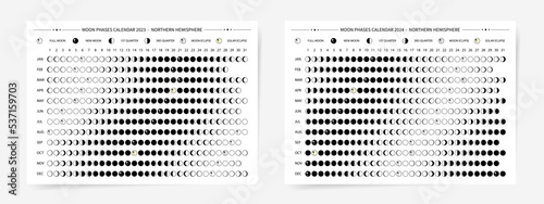 Moon calendars planners for 2023 2024 years. Lunar agenda horizontal planners template poster. Vector moon diary. 