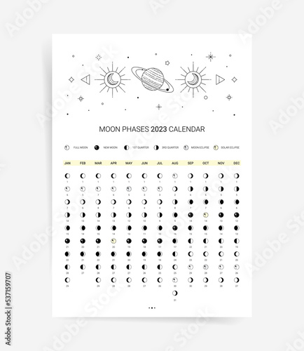 One page 2023 moon calendar planner. Modern Minimal lunar agenda calendar 2023 poster template design. Vector astronomy design with space element, stars and planets. 