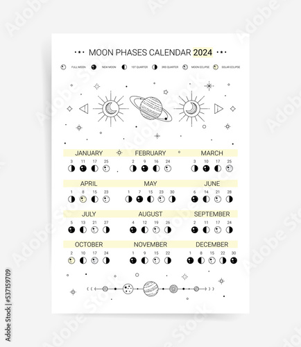 One page 2024 moon calendar planner. Modern Minimal lunar agenda calendar 2024 poster template design. Lunar phases schedule and cycles for 2024 year.