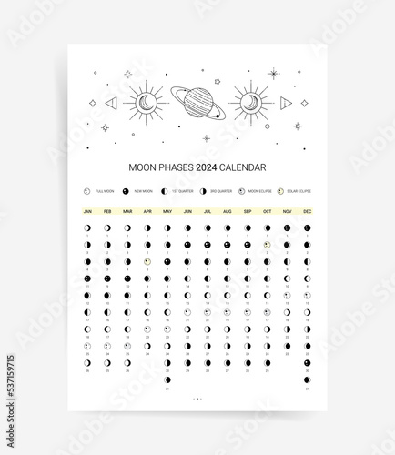 One page 2024 moon calendar planner. Modern Minimal lunar agenda calendar 2024 poster template design. Vector astronomy design with space element, stars and planets. 