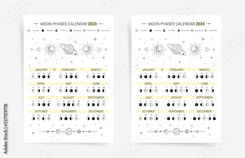 Set of moon calendar for 2023 and 2024 years. Lunar calendar planner agenda templates. Black and white colors and minimal celestial aesthetic design moon calendars. photo