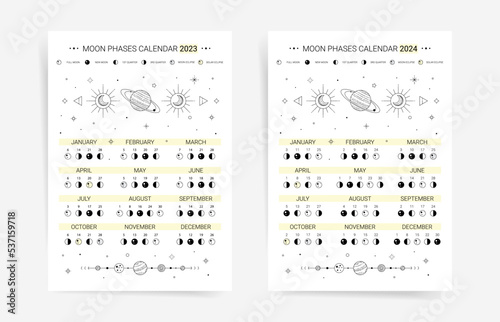 Set of moon calendar for 2023 and 2024 years. Lunar calendar planner agenda templates. Black and white colors and minimal celestial aesthetic design moon calendars.