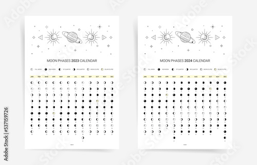 Moon calendars planners for 2023 2024 years. Lunar agenda planners template poster. 