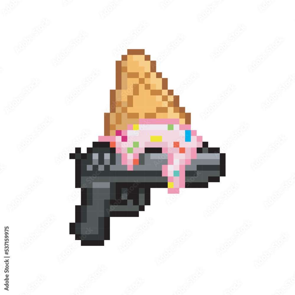 Ice cream covered gun illustration, pixel icon.
