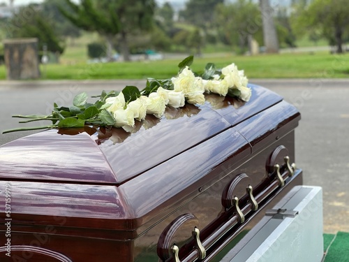 white roses on a casket at a cemetery  photo