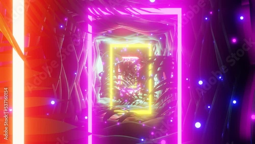 Palm trees trendy aesthetic with neon glowing rectangle frames and flickering particles light bokeh. Magical night in jungle.