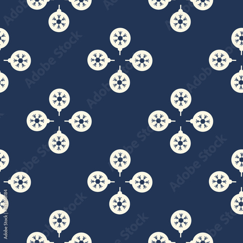 Seamless pattern with colored plain Christmas balls. Snowflake pattern. Festive flat style design for packaging and print. Vector.