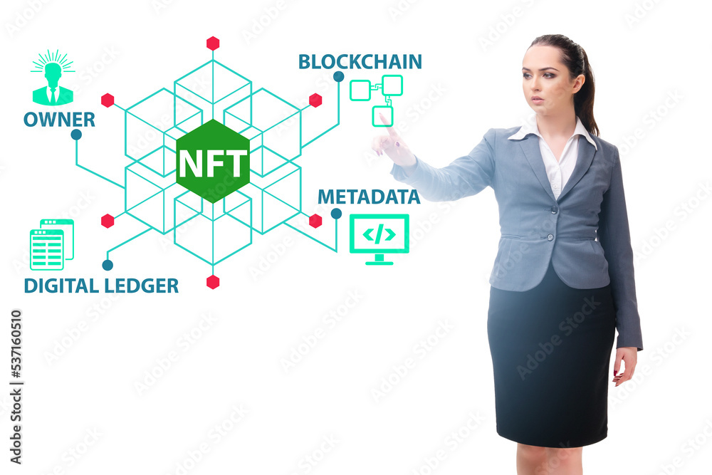 Businesswoman in NFT non fungible concept Businesswoman in NFT non fungible concept