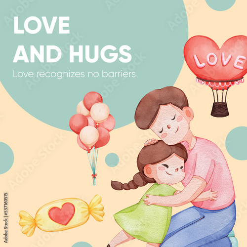 Instagram post template with girl child hug with love concpet,watercolor style