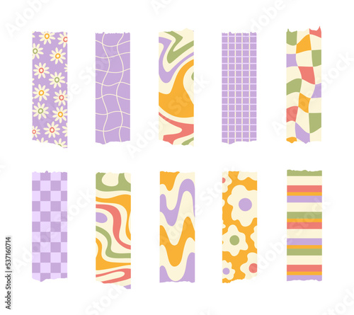 Trendy set of colorful groovy washi tape isolated on a white background. Vector stripes and pieces of duct paper, or scotch with different print. Pastel colors