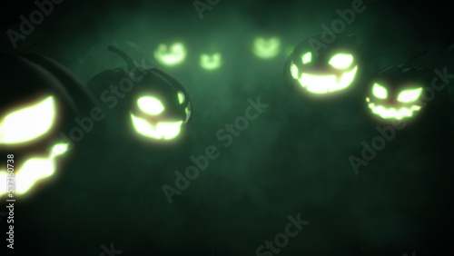 Jack o lantern pumpkin face with lights and creepy fog, 3d rendering halloween background.
