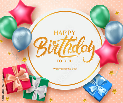 Birthday greeting vector template design. Happy birthday text in circle empty space with balloons and gifts element for birth day card messages. Vector illustration.

