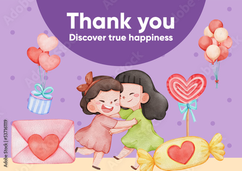 Thanks card template with girl child hug with love concpet,watercolor style
