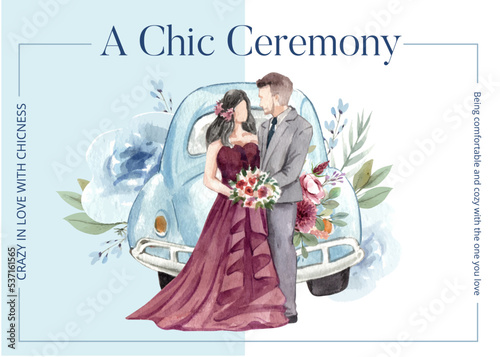 Postcard template with cozy chic wedding concpet,watercolor style