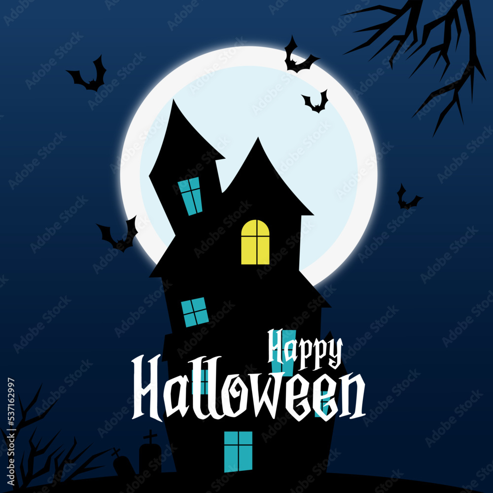 Halloween post, background, with house and bats