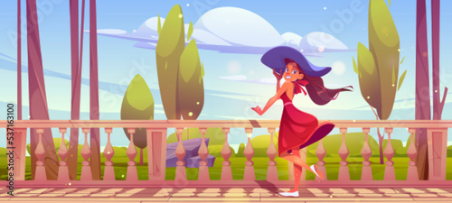 Woman stand at outdoor home terrace with marble baluster and beautiful nature landscape view. Young female character in red dress and hat resting on patio or hotel balcony, Cartoon vector illustration