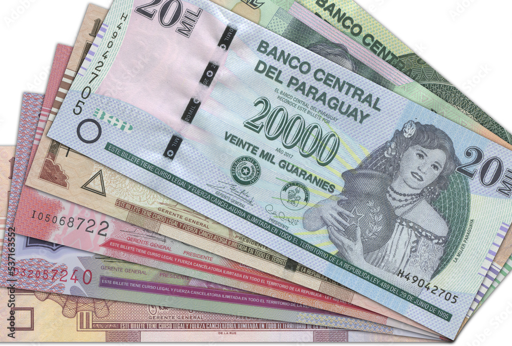 Fototapeta premium Paraguayan currency - Paraguayan guarani. Macro view of Paraguay paper money. Close-up Paraguayan money