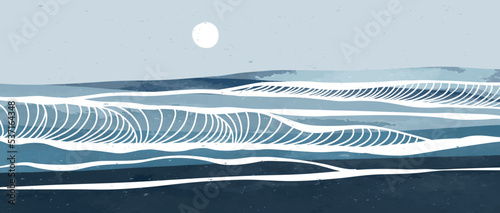 Blue Ocean wave landscape. Creative minimalist modern paint and line art print. Abstract contemporary aesthetic backgrounds landscapes. with Ocean, sea, skyline, wave. vector illustrations