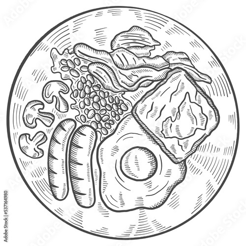 english breakfast british or england food cuisine isolated doodle hand drawn sketch with outline style