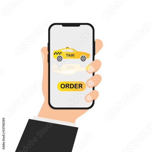 Hand holding the phone to order a taxi. Vector illustration