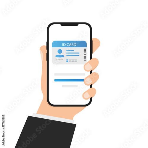 Hand holding phone, ID card on phone. Vector illustration