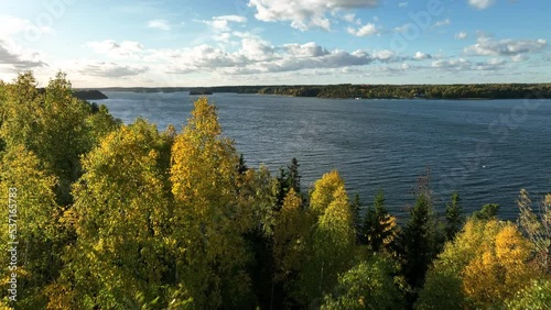 Drone over autumn forest, in Stockholm and Norrtäljeviken, windy day photo