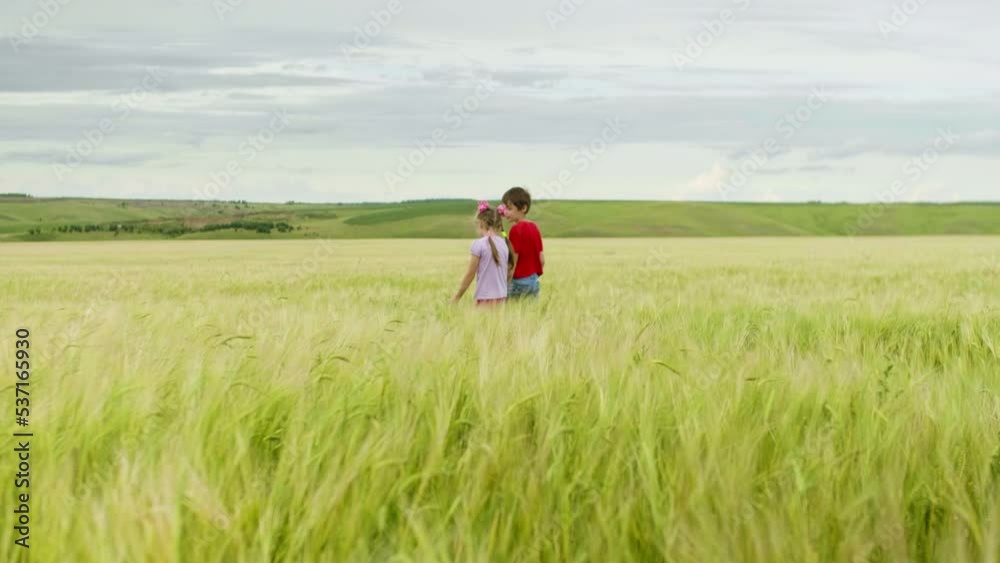 Best Friends Little Children Boy and Girl are Walking in the Meadow Holding Hands. Little Kids Outdoor. Happy Carefree Childhood. Summertime Best Friends Little Children Boy and Girl are Walking in the Meadow Holding Hands. Little Kids Outdoor. Happy Carefree Childhood. Summertime