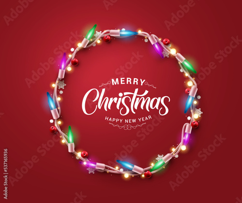 Christmas lights garland vector design. Merry christmas greeting text with wreath sparkling light xmas elements in red background. Vector Illustration.