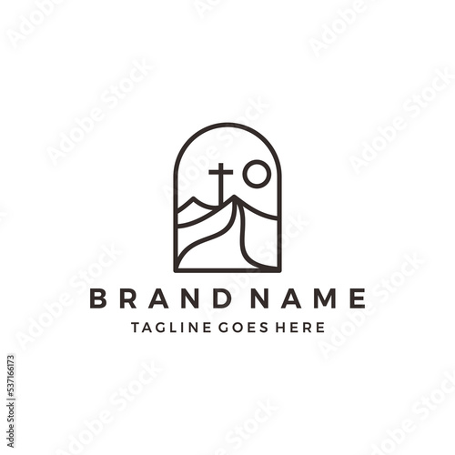 hill and mountain with holy christian cross logo, holy cross logo icon, church of Catholic in nature landscape illustration