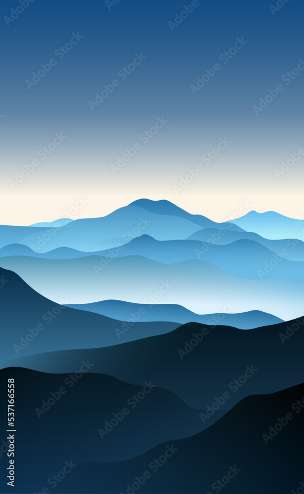 Landscape. Morning in the mountains. Vector illustration of a mountain landscape at sunrise in a haze of fog. Sketch for creativity.