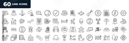 set of most common used 60 web icons in outline style. thin line icons such as currency, spain, article, manual, teach, video call, eco, egg vector.
