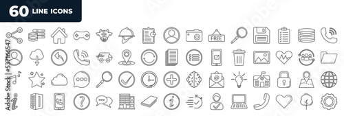 set of most common used 60 web icons in outline style. thin line icons such as share, find, location, music, idea, information, info, tree vector. photo