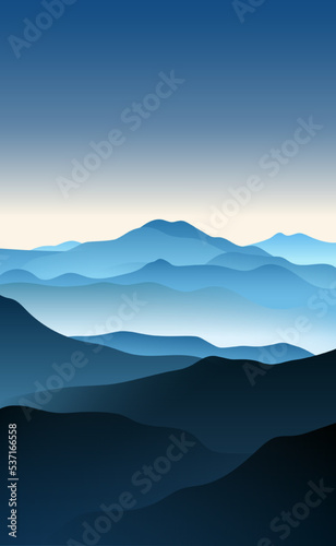 Landscape. Morning in the mountains. Vector illustration of a mountain landscape at sunrise in a haze of fog. Sketch for creativity. © Evgeniy