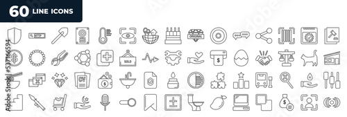 set of most common used 60 web icons in outline style. thin line icons such as warrior, tell, sold, noodle, sucess, stair, plus minus, face id vector.