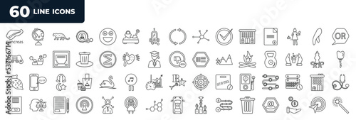 set of most common used 60 web icons in outline style. thin line icons such as pancreas, district, stohache, sweet potato, , memory card, car top, ppc vector.