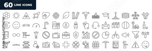 set of most common used 60 web icons in outline style. thin line icons such as hive, edu, pantry, , quarter, crossfit, service provider, risks vector.