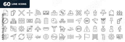 set of most common used 60 web icons in outline style. thin line icons such as dwg, mail box, regulatory, posture, limitation, motion graphics, application form, personalize vector.