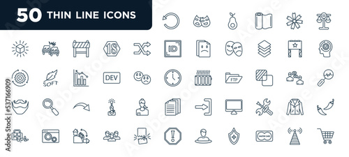 set of most common used 50 web icons in outline style. thin line icons such as turn, shuffle, dev, redo, , members, reach vector