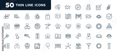 set of most common used 50 web icons in outline style. thin line icons such as hear, lift, us, words, horn, rfid, sunny vector