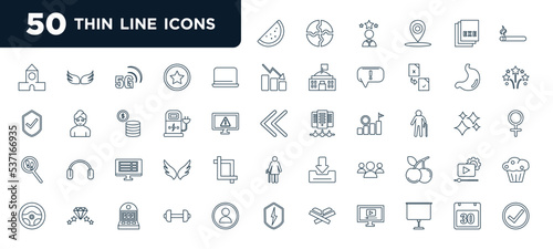 set of most common used 50 web icons in outline style. thin line icons such as watermelon, , station, spreadsheet, groups, dumbbell, month vector