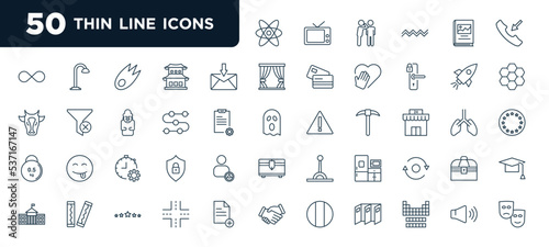 set of most common used 50 web icons in outline style. thin line icons such as native, received, time line, workload, pantry, intersection, sound on vector