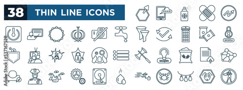 set of most common used web icons in outline style. thin line icons such as outside, power off, faucet, confidential, shock, file upload, cogwheel, lights vector