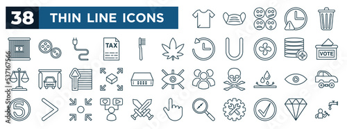 set of most common used web icons in outline style. thin line icons such as t-shirt, prison, marijuana, election, network switch, visibility, r, green tick vector photo