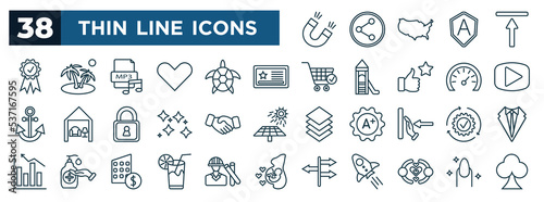 set of most common used web icons in outline style. thin line icons such as magnet, high quality, membership, video player, shake hands, execute, juice, friendship vector