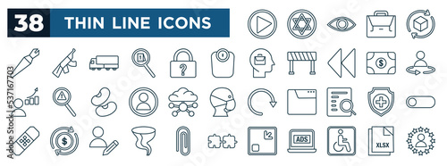 set of most common used web icons in outline style. thin line icons such as play video, fountain, weight loss, 360 degree, bigdata, immunity, tornado, handicap vector